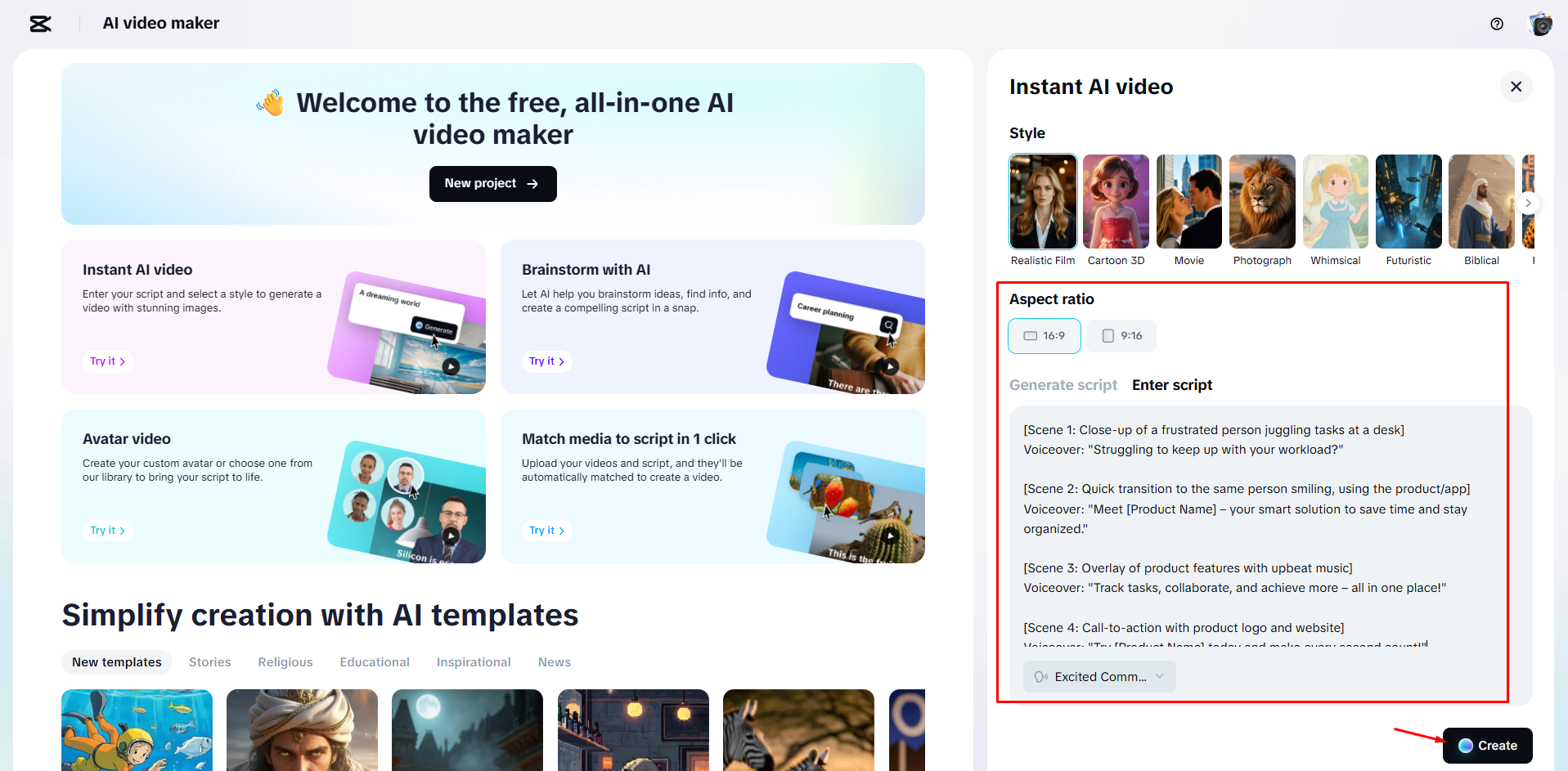 Mengubah skrip menjadi video dengan CapCut Web