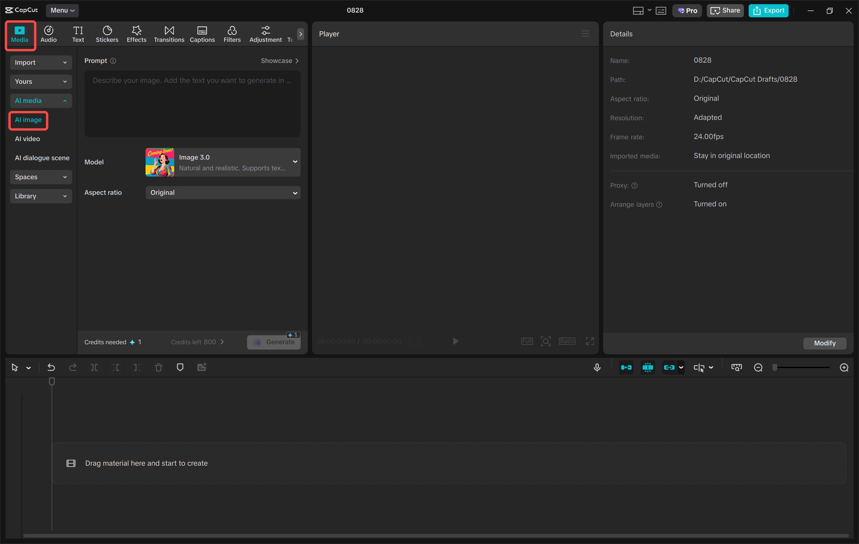 Zugriff auf das KI-Image-Tool im CapCut Desktop-Video-Editor