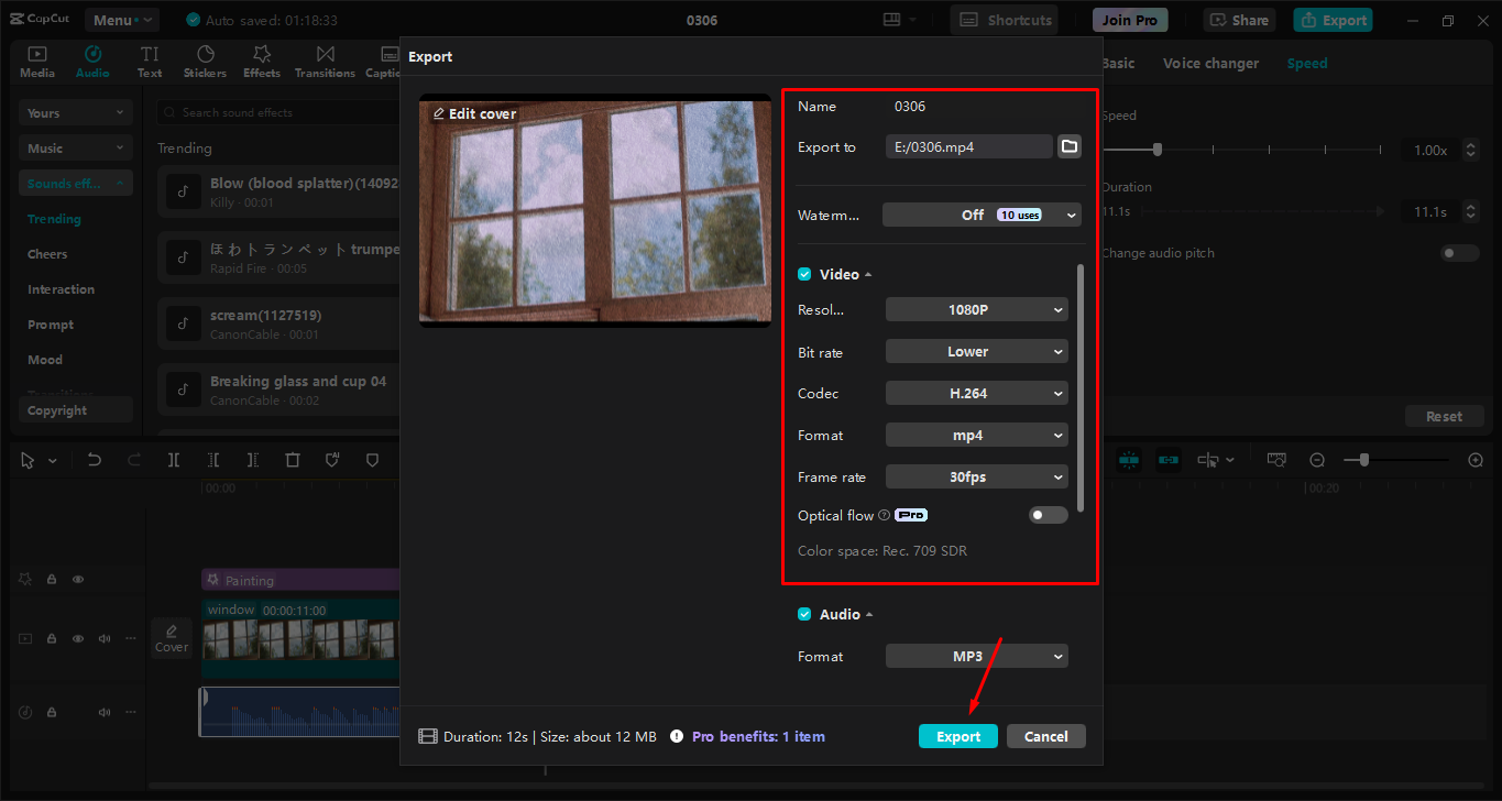 Exportar video después de agregar efectos de sonido desde el CapCut editor de video de escritorio