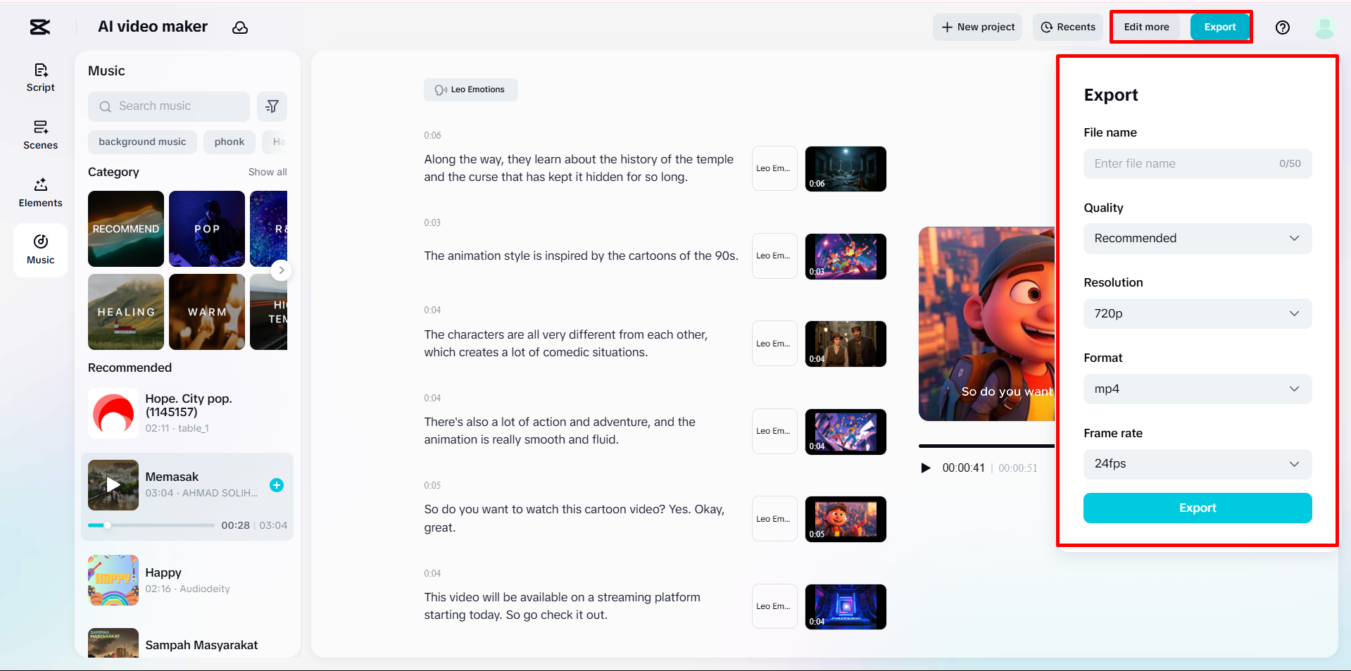 Exporting the final video from CapCut Web's AI video maker