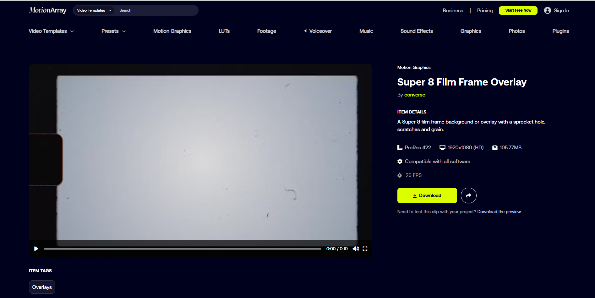 Interface of Motion Array - the most liked site for Super 8mm film overlays