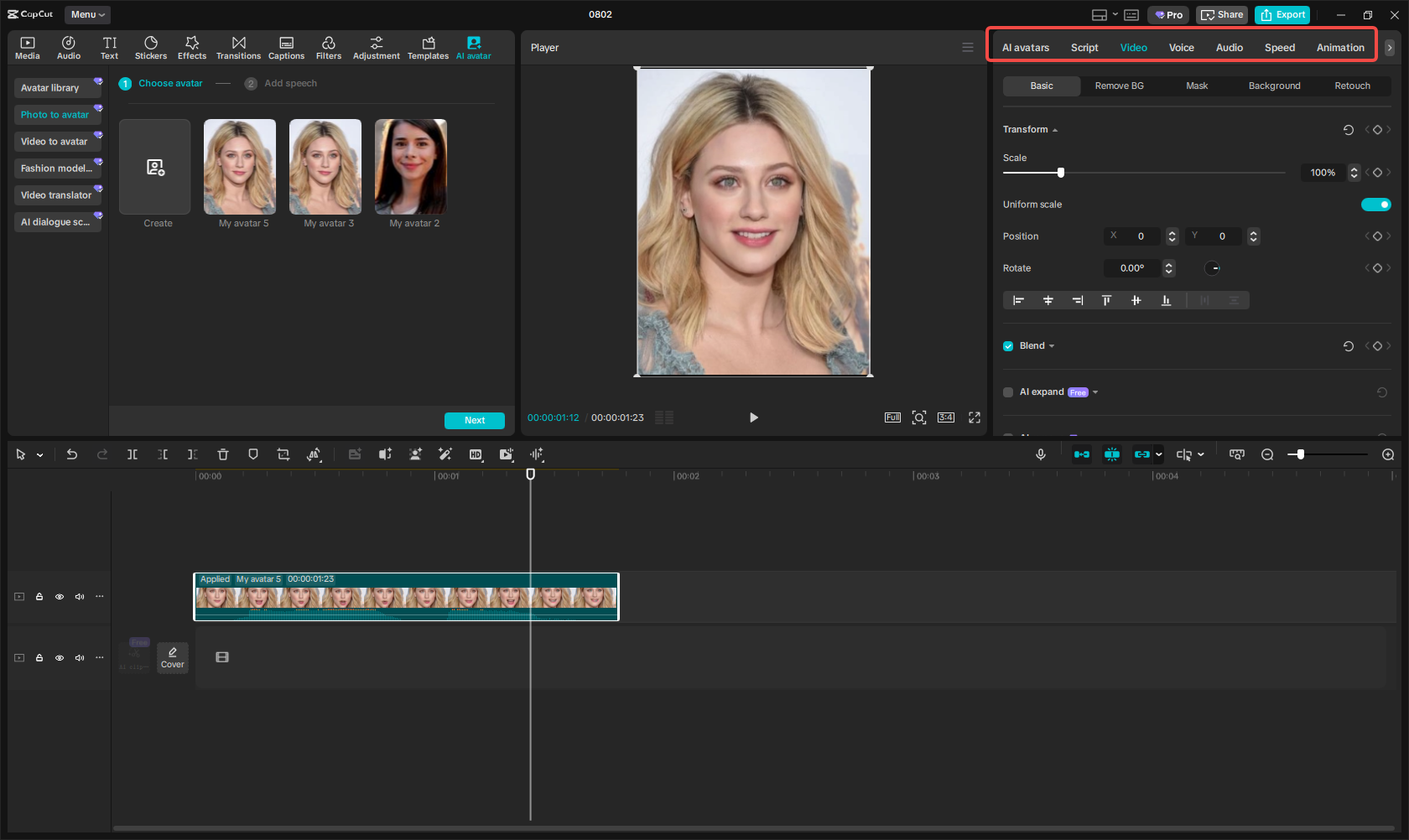 Editing the avatar video in CapCut