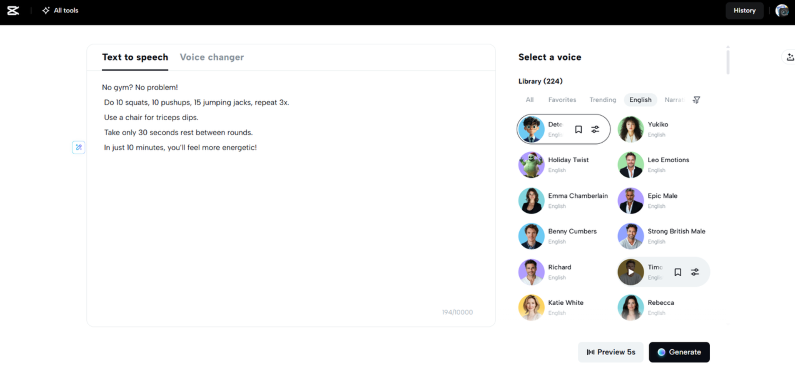 Interfaccia di CapCut Web: uno strumento intuitivo per convertire testo in voce