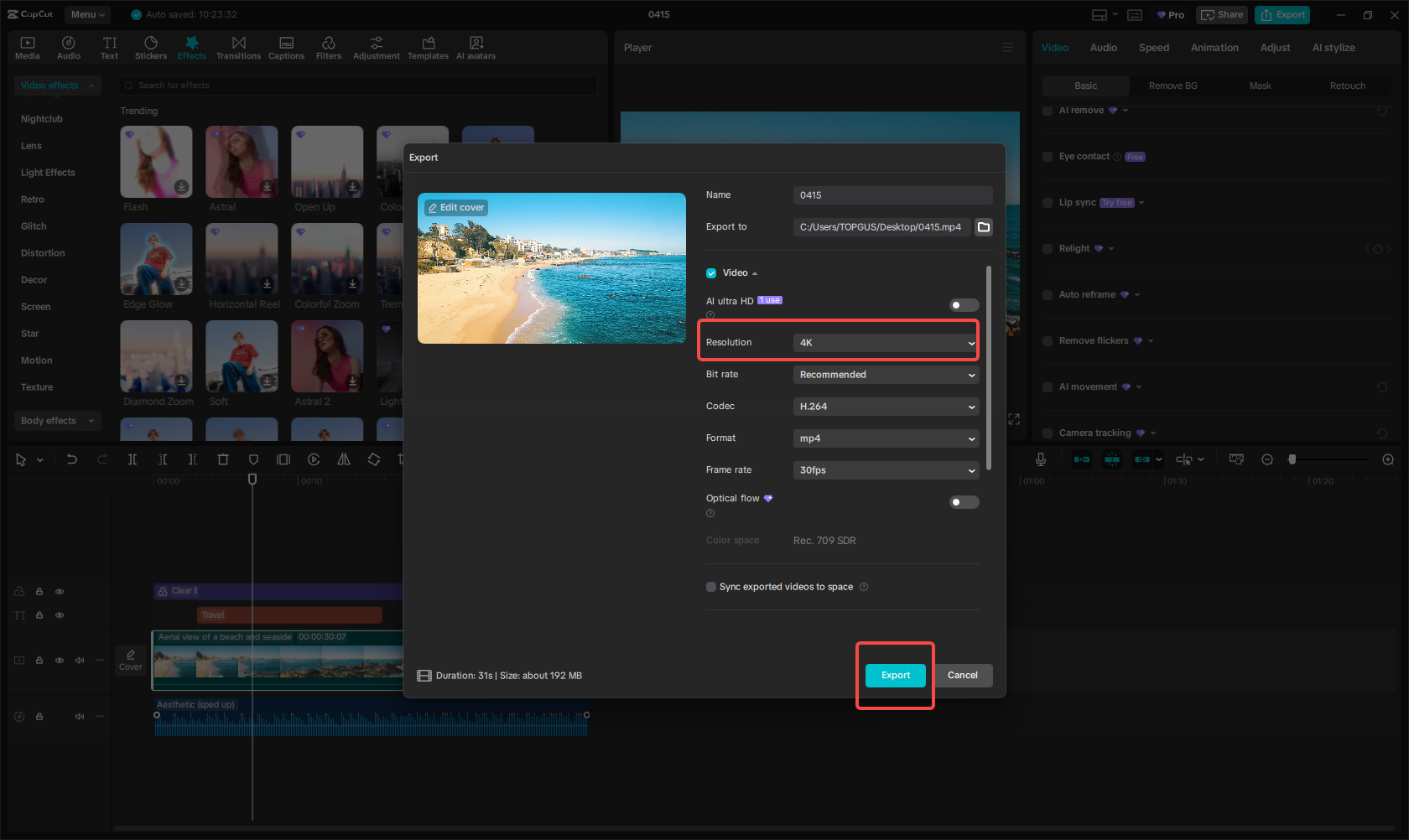 Export 4K video background