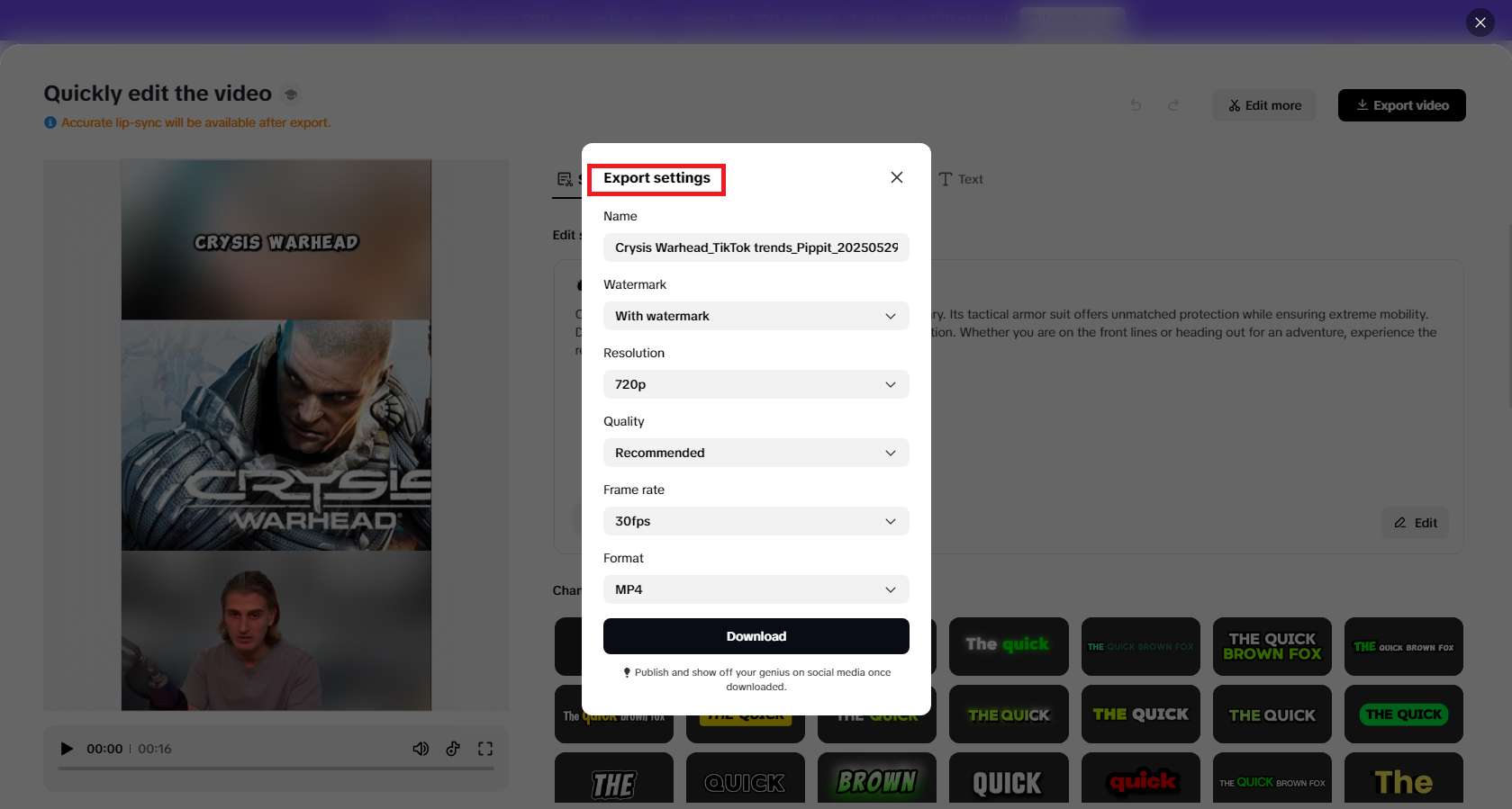 Download and publish your video across social media channels