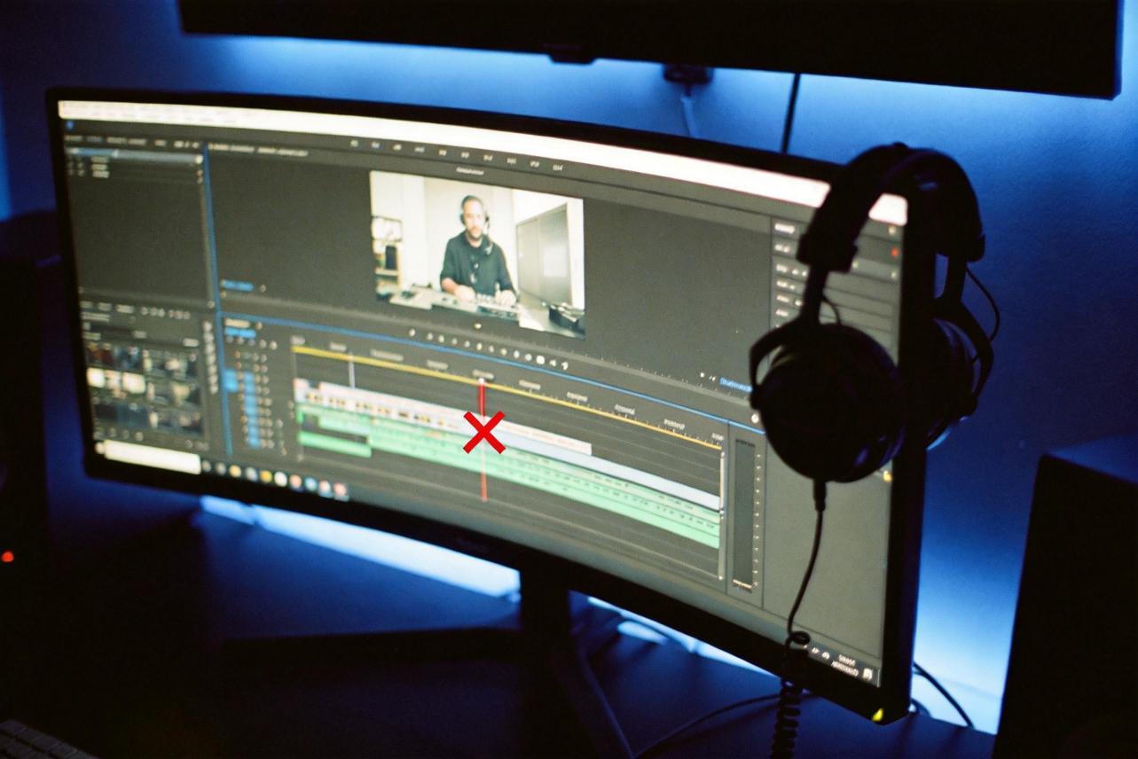 Video editing timeline on a curved monitor with a red X marking a mistake, headphones hanging on the side