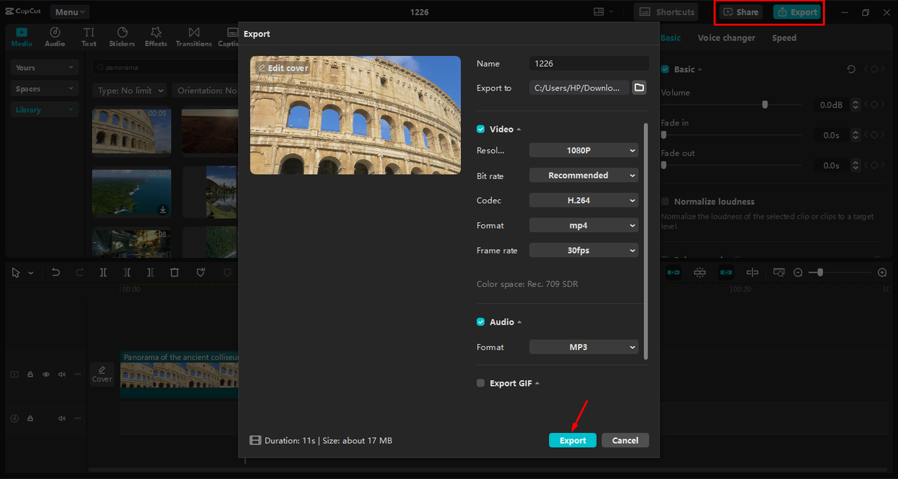 Exportation de la vidéo panoramique dans l' CapCut éditeur vidéo de bureau