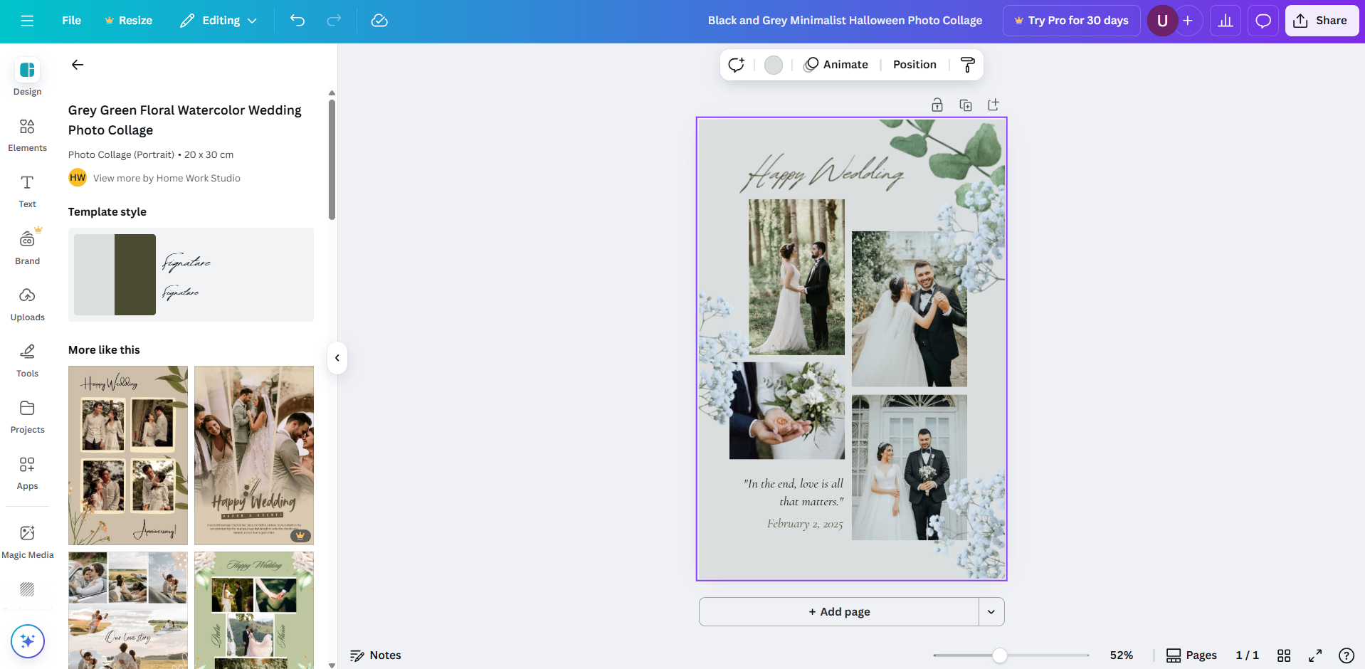 Elegante collage fotografico di matrimonio con colori tenui