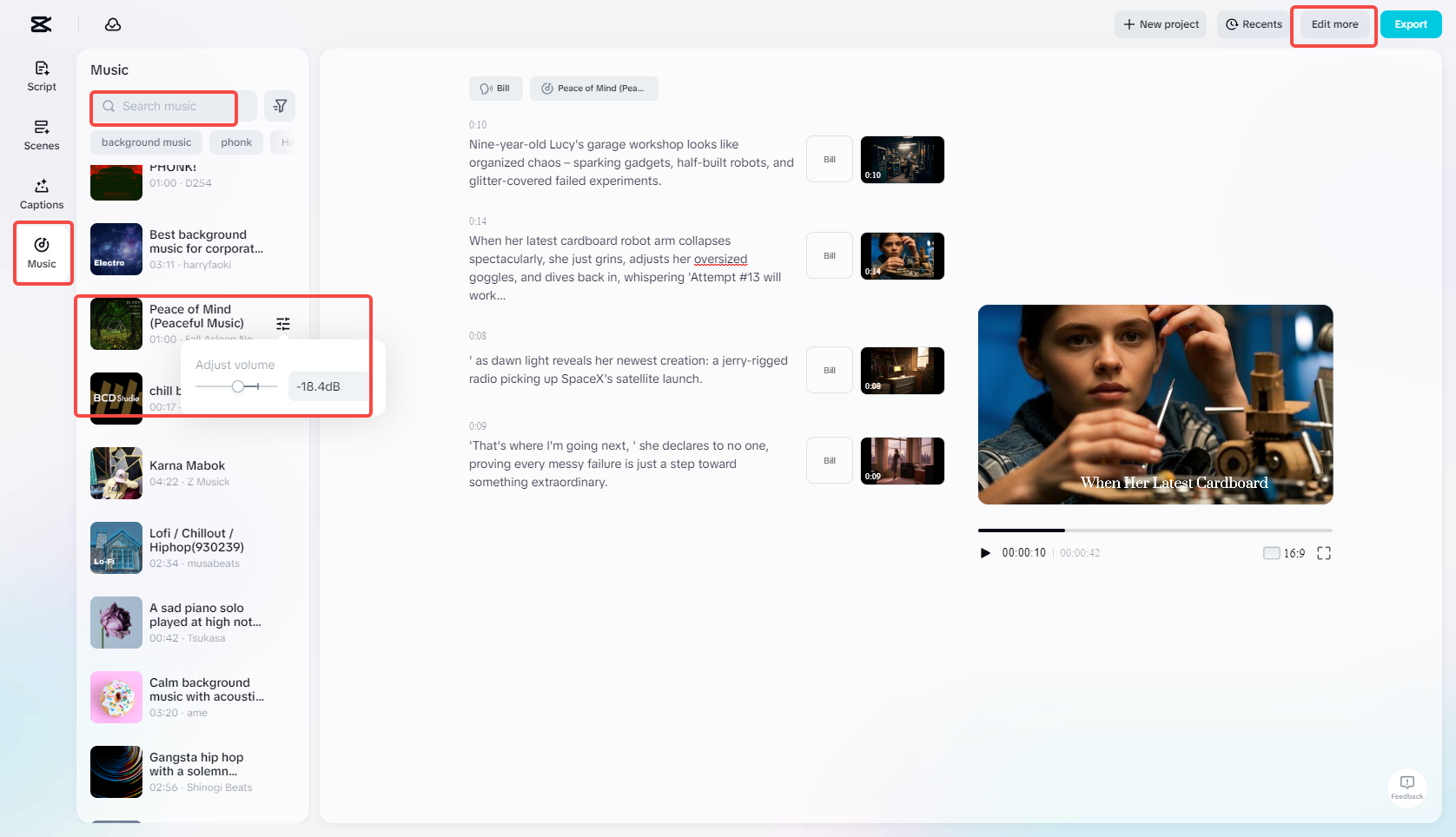 Editar música en CapCut AI video maker