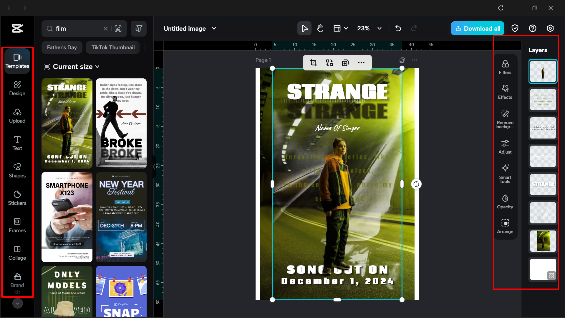 Editing the film template using tools in the CapCut desktop video editor