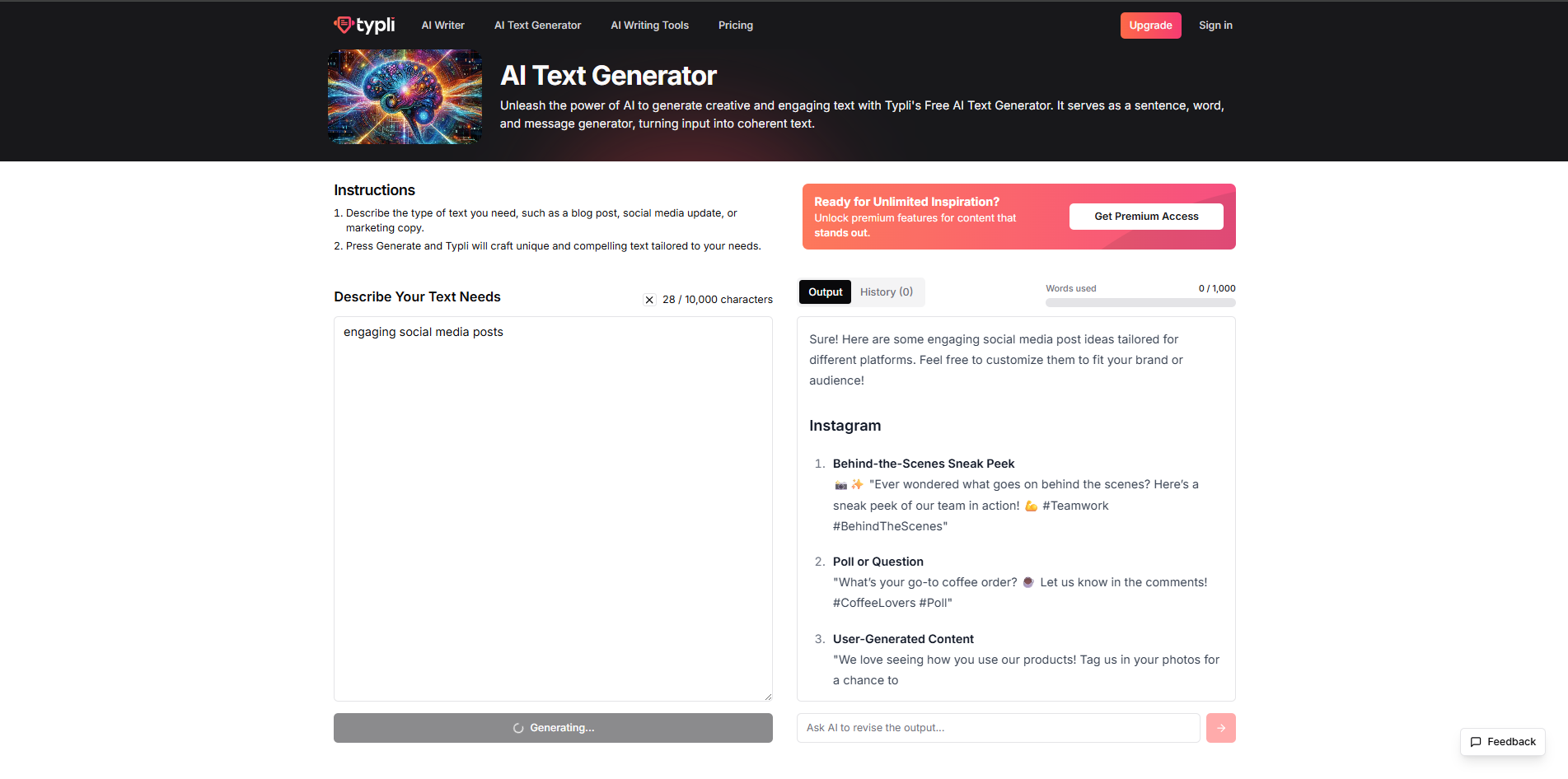 Interface von Typli.ai – ein benutzerfreundlicher Online-AI-Textgenerator