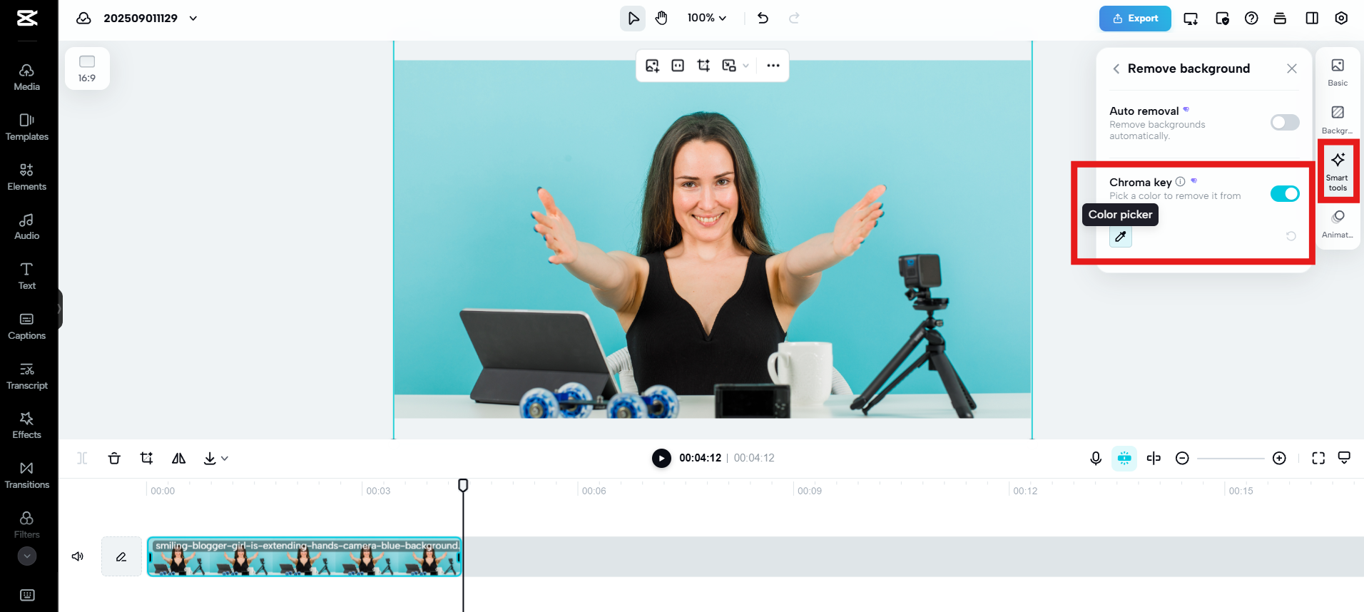 Accede a Chroma key en Herramientas inteligentes.