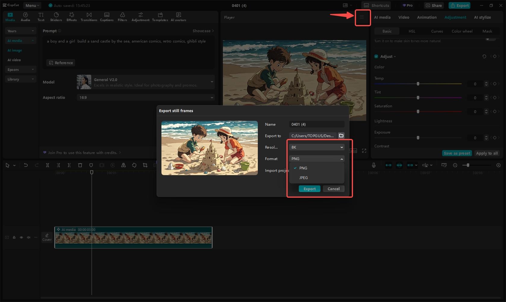 Exporting the image