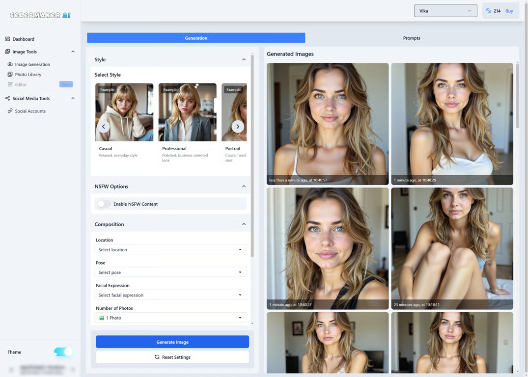 Interface de CelebMakerAI - outro IA gerador de influenciadores