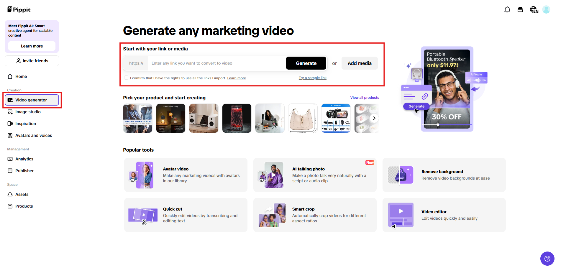 Pippit's one-click video maker