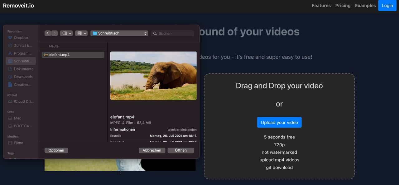 Выбор MP4-файла через кнопку Upload your video в Removeit.io