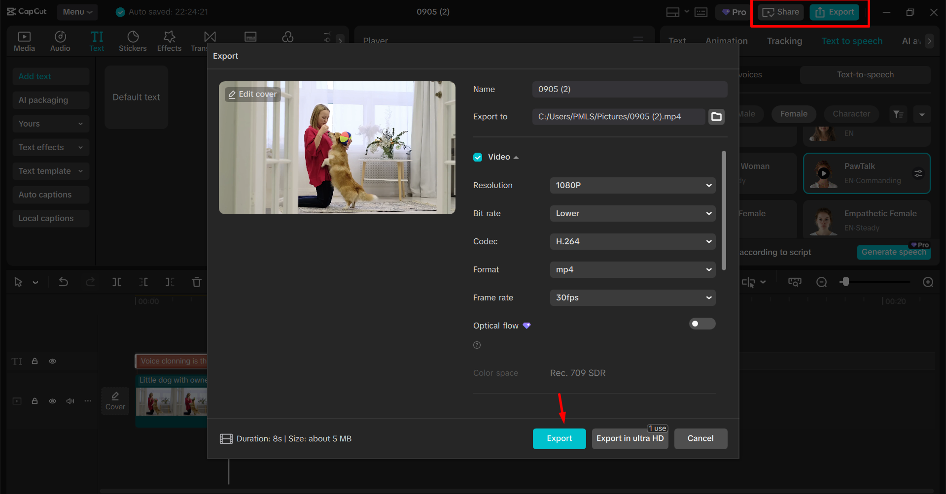 Exporting the video from the CapCut desktop video editor