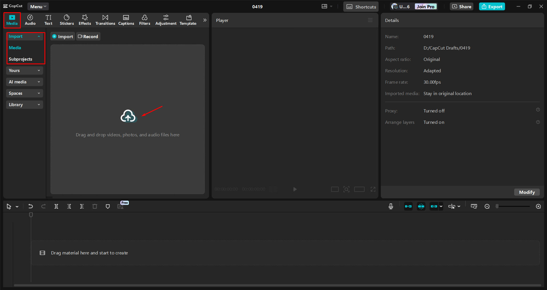 Importing a video into the CapCut desktop video editor