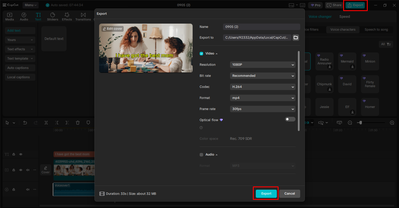 Exporting video from CapCut desktop video editor