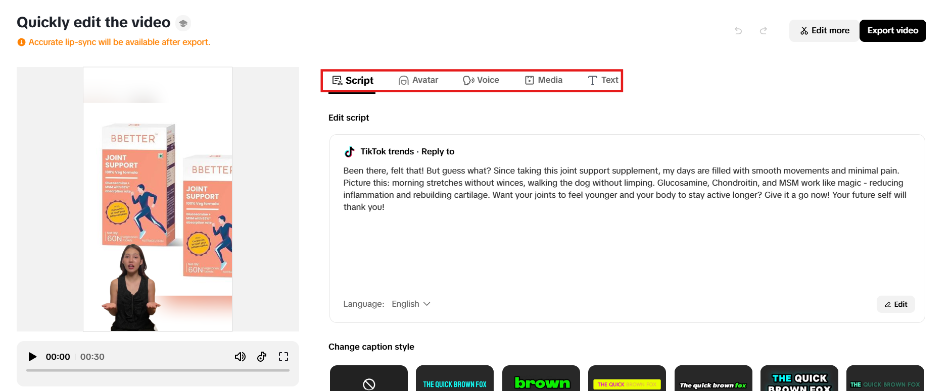 Modify script, avatar, voice, media and text