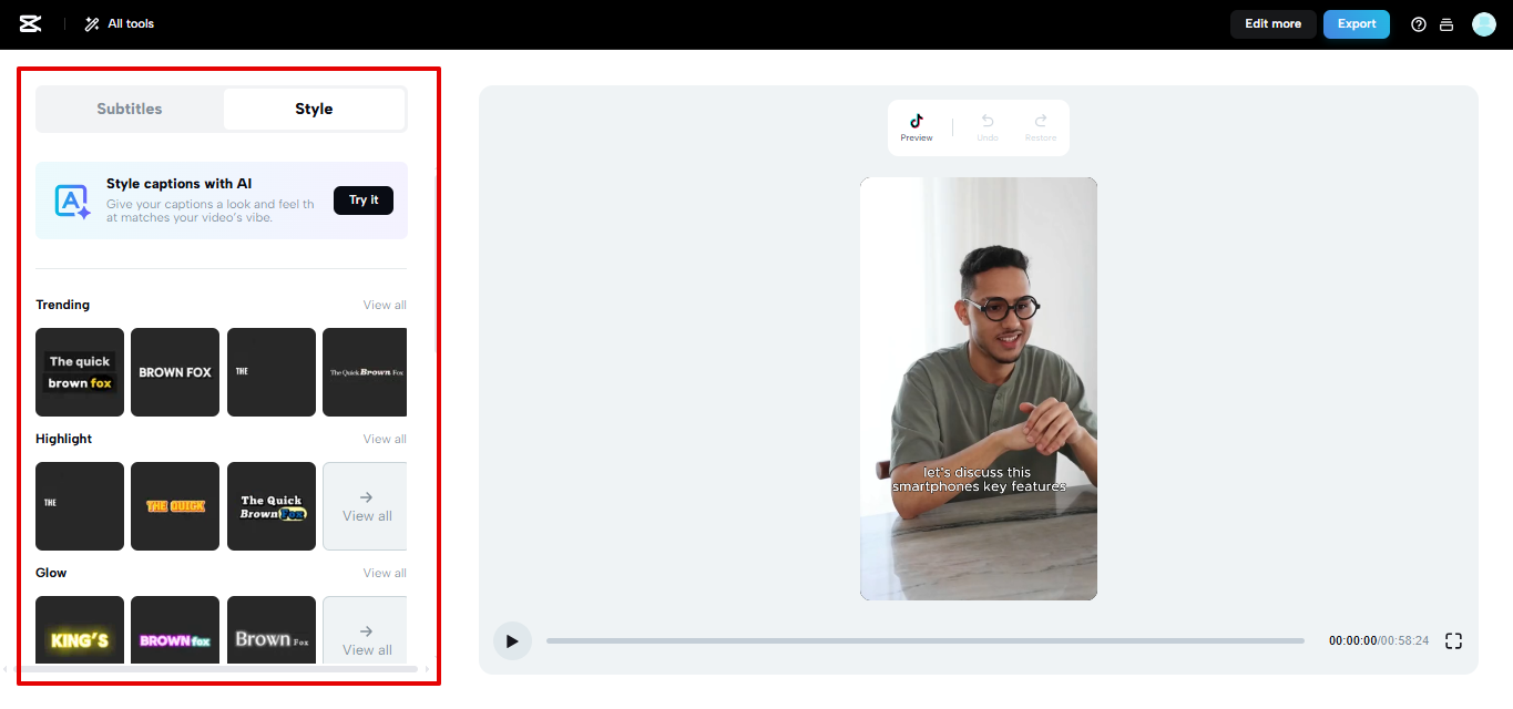 Selecting subtitle style in CapCut Web