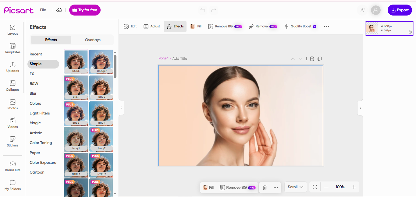 L'interface de PicsArt - un éditeur de photos nettoyant pour le visage largement utilisé