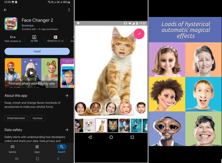 Interface of Face Changer 2 - eine beliebte lustige Fotomacher-App auf dem Handy