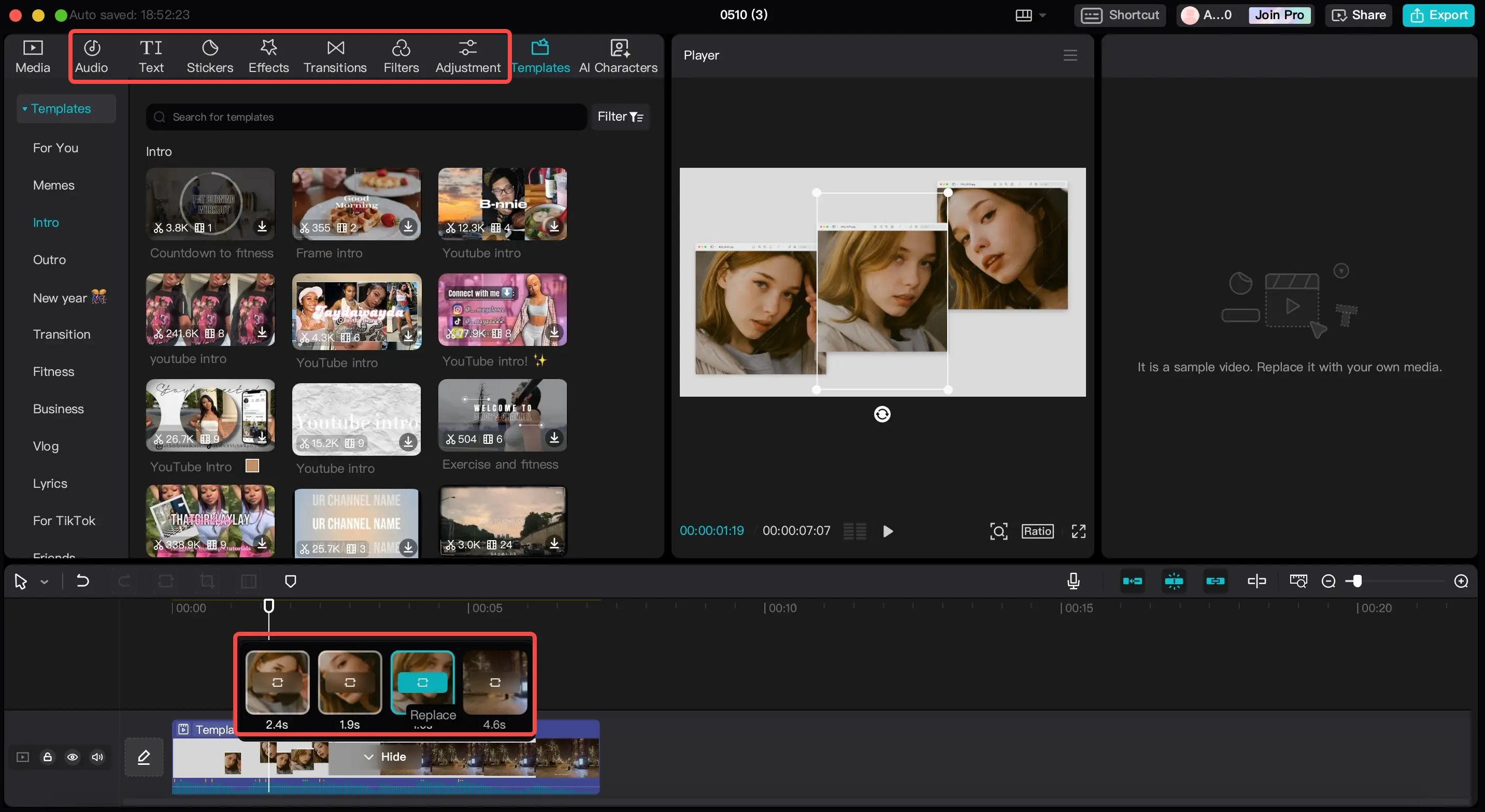 Screenshot of customizing a CapCut template by adding text, music, and applying animations and effects.