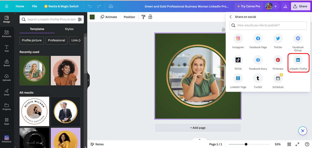 Canva - AI LinkedIn photo generator free