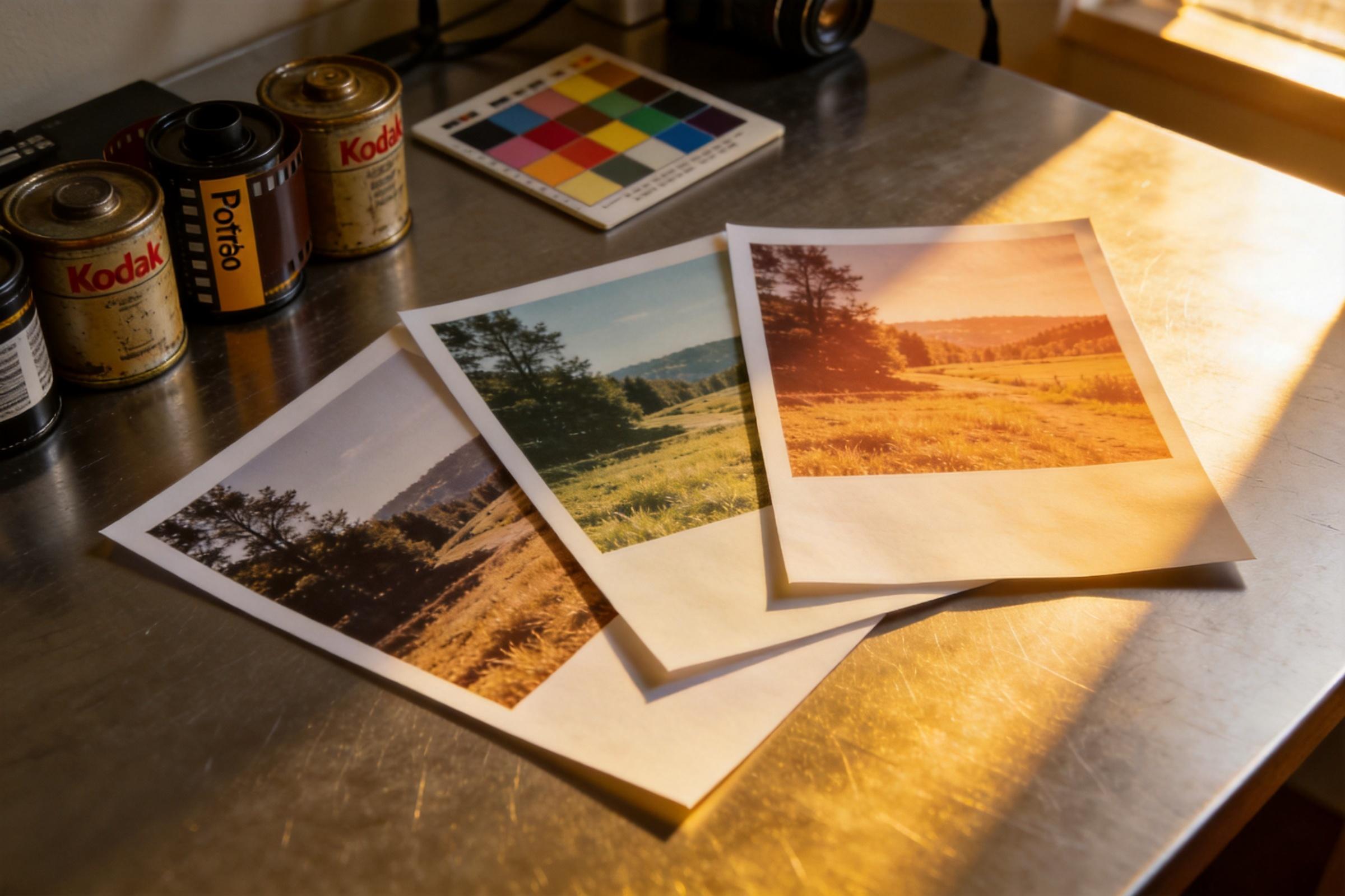 Three printed landscape photos on a table beside Kodak film canisters and a color chart