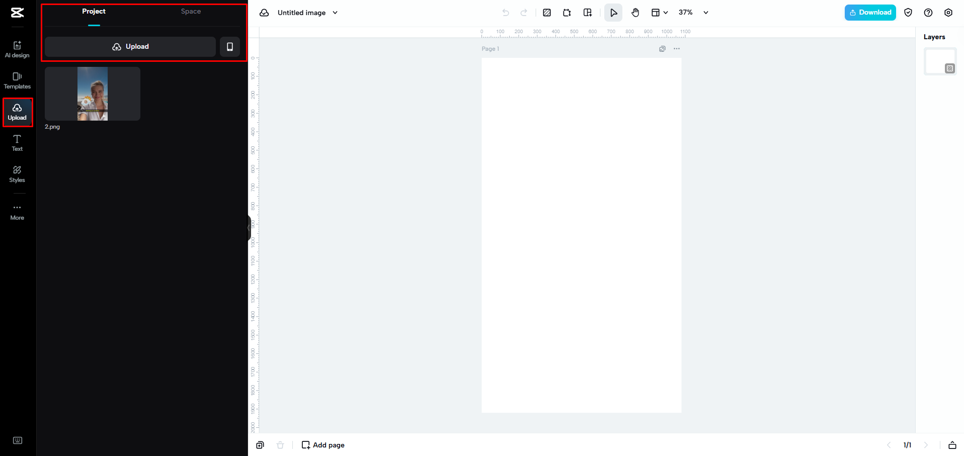 Caricamento di un'immagine su CapCut Web