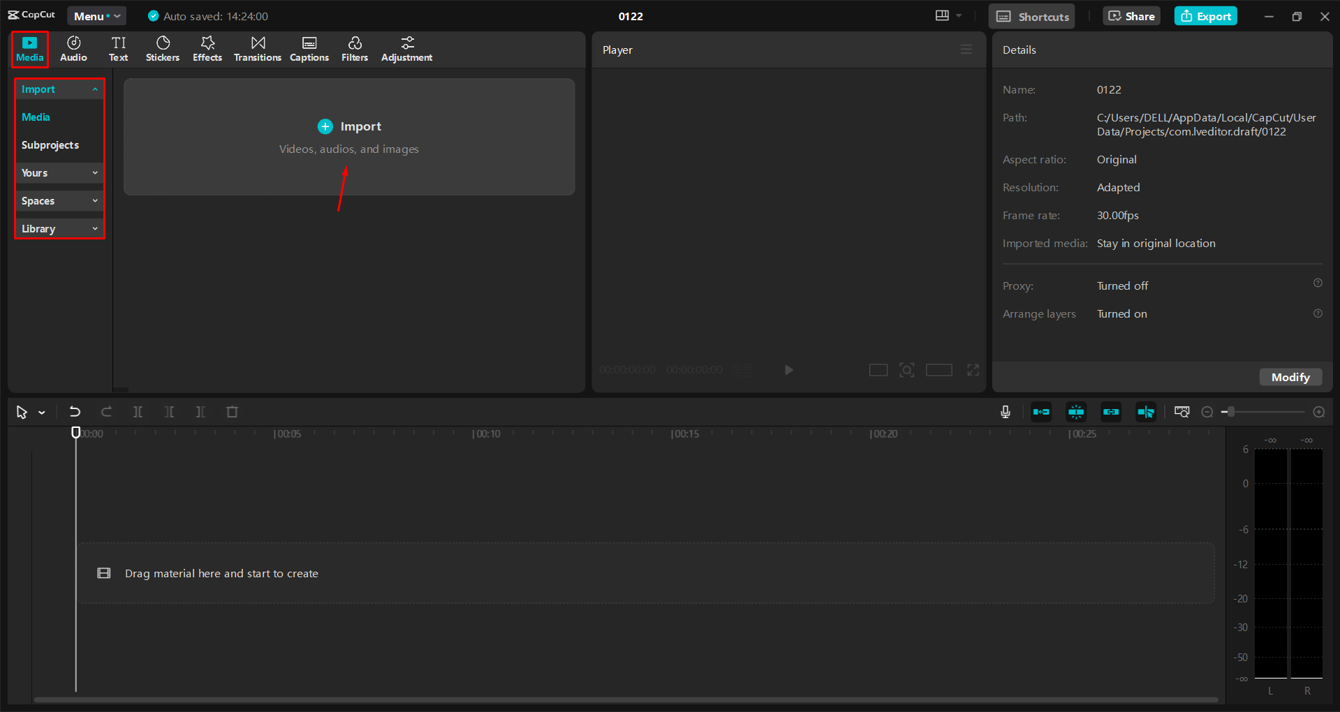 Importazione di un video nell' CapCut editor video desktop