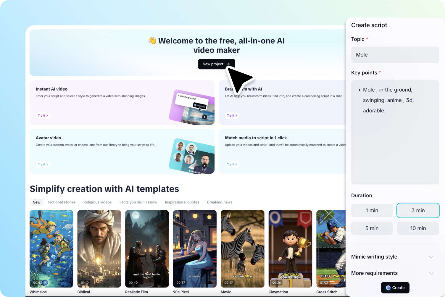 Generate a new script with CapCut's video generator agent