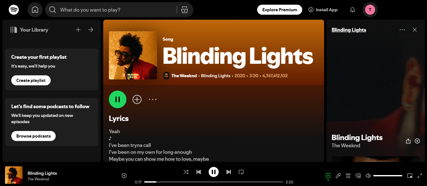 Interface of Blinding Lights  - the most listened to song on Spotify