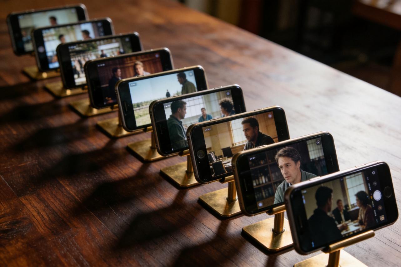 Row of smartphones on stands showing different video scenes on a wooden table