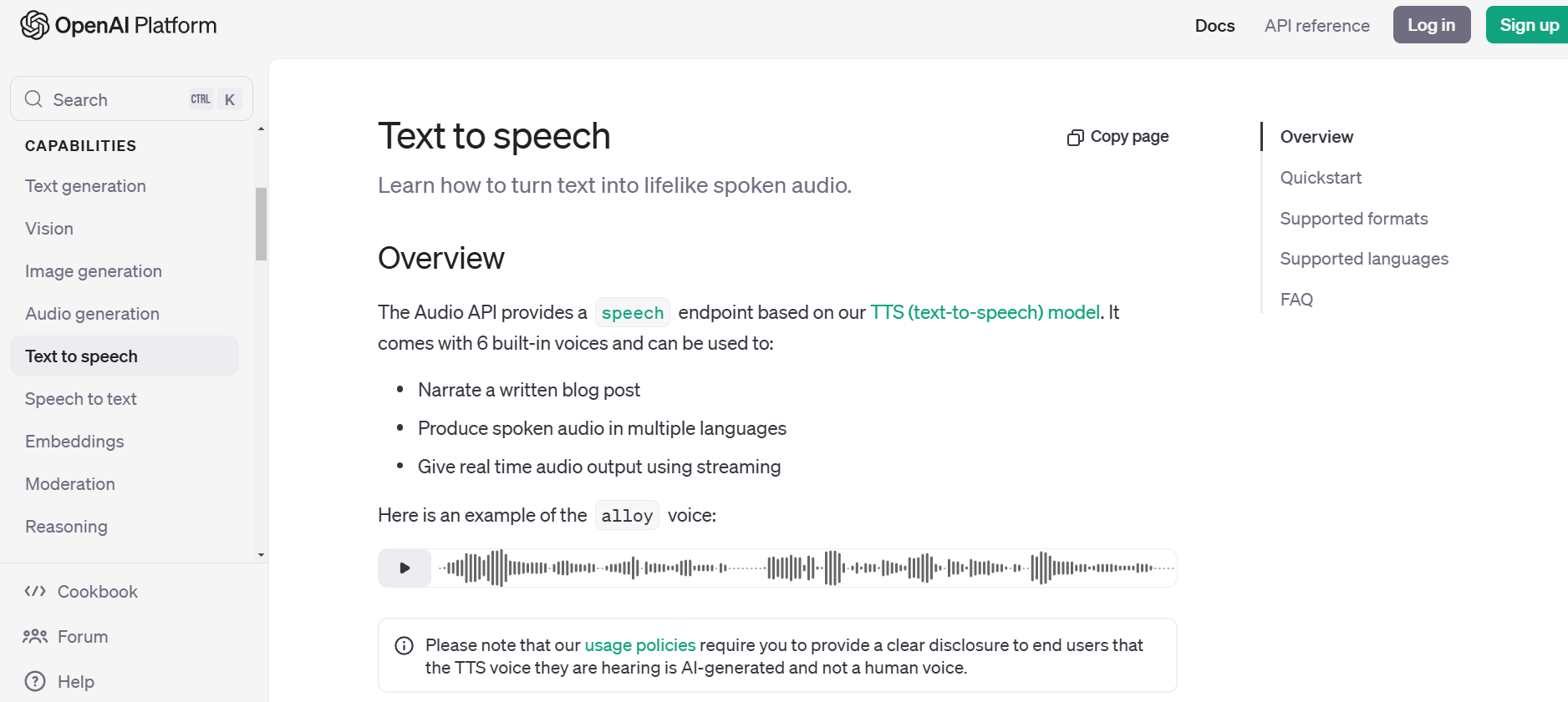Interfața text-to-speech a OpenAI