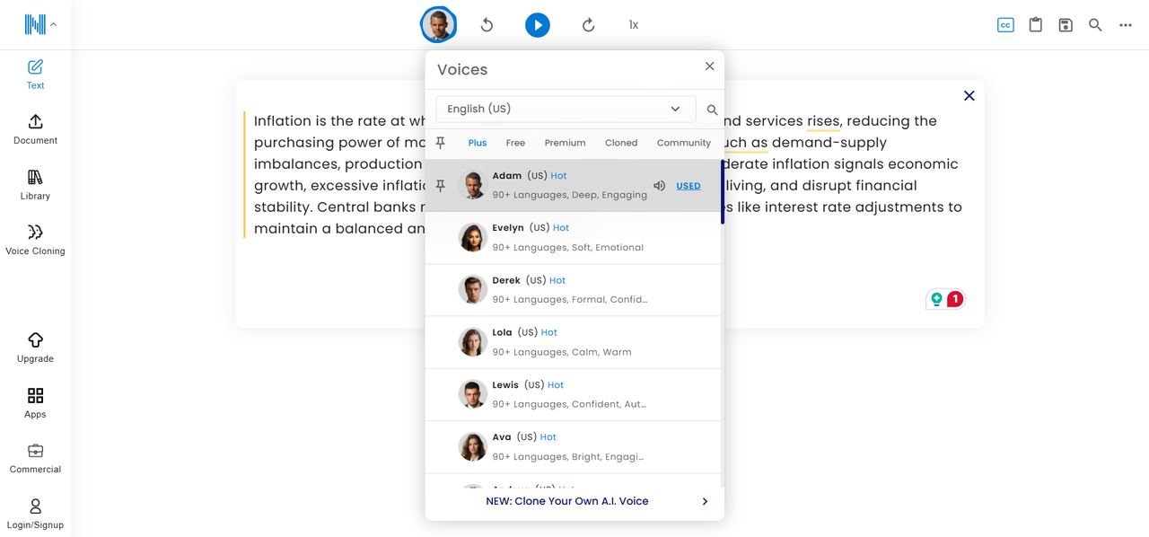 Natural Reader interface