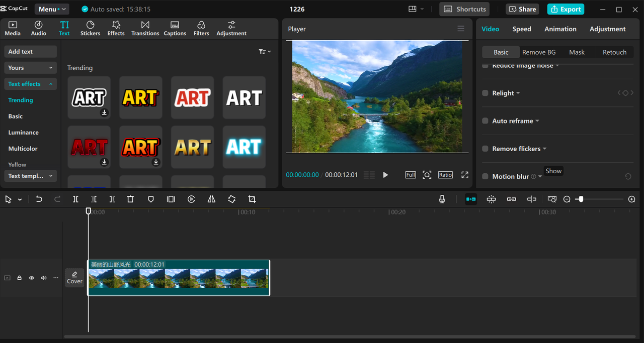 Interface do editor de vídeo para desktop CapCut