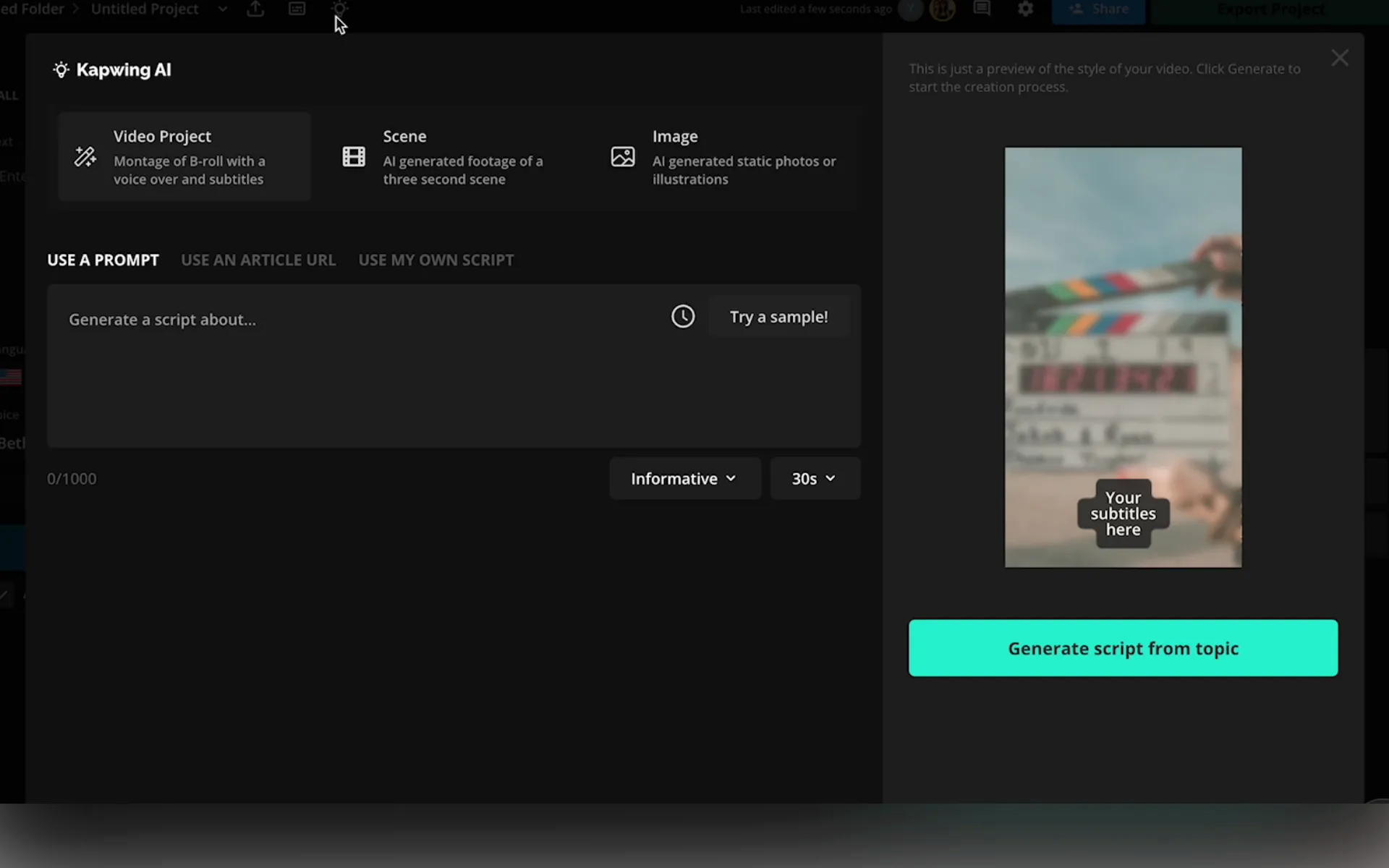 Interface of Kapwing - an easy to use and free AI text to video generator
