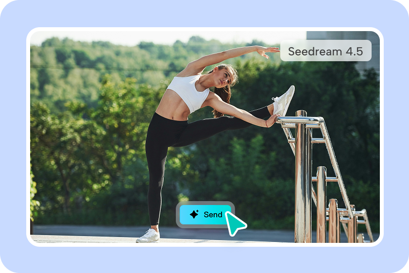 Athlete stretches beside a ladder outdoors under a Seedream 4.5 label and Send control