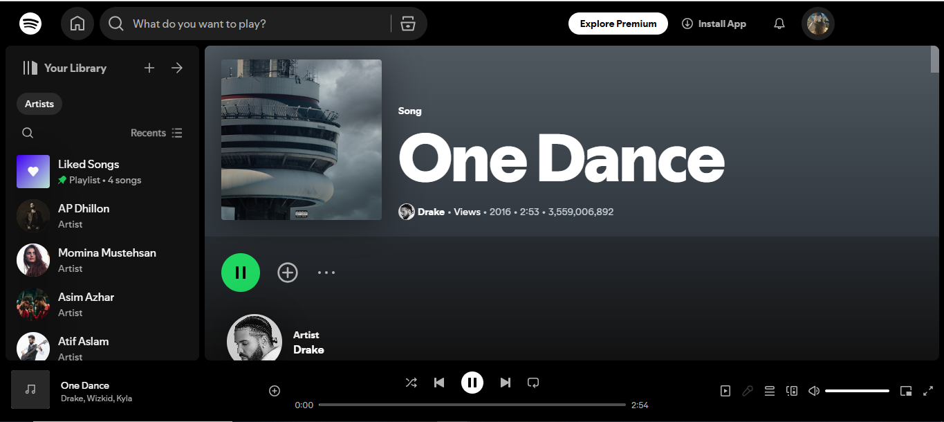 อินเทอร์เฟซของหนึ่งเต้นรำโดย Drake - ส่วนใหญ่ฟังเพลง Spotify
