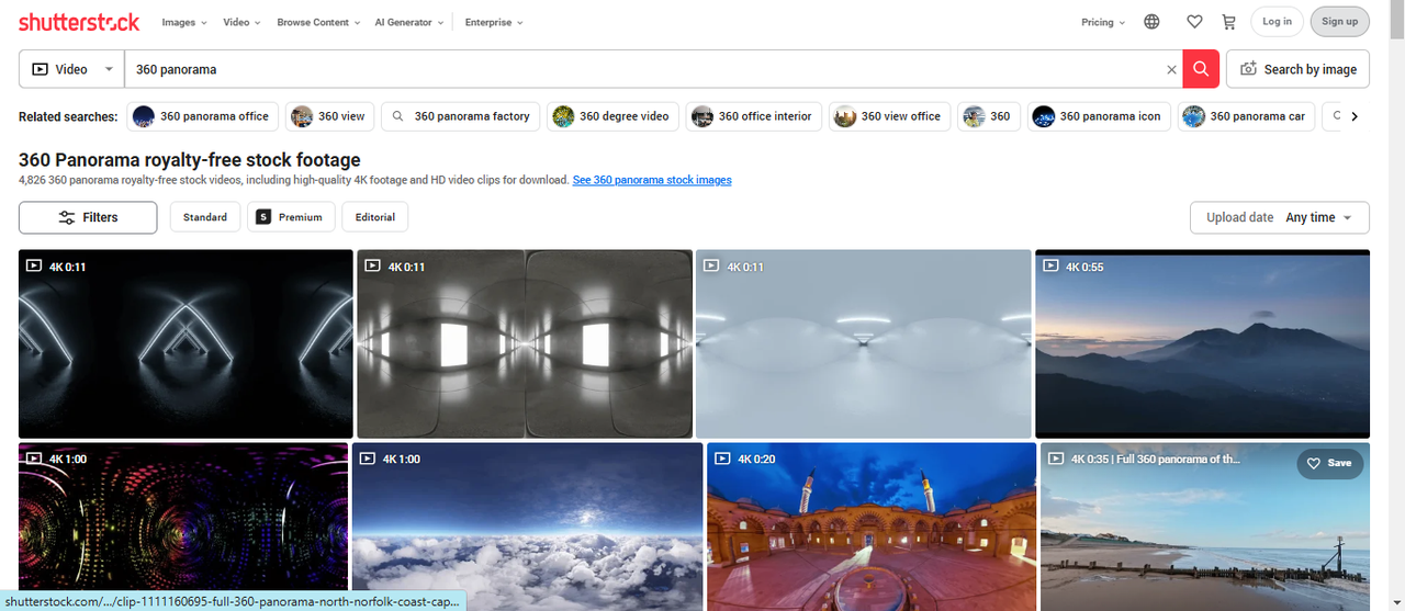 Interface de Shutterstock montrant une variété de vidéos panoramiques en résolution HD et 4K