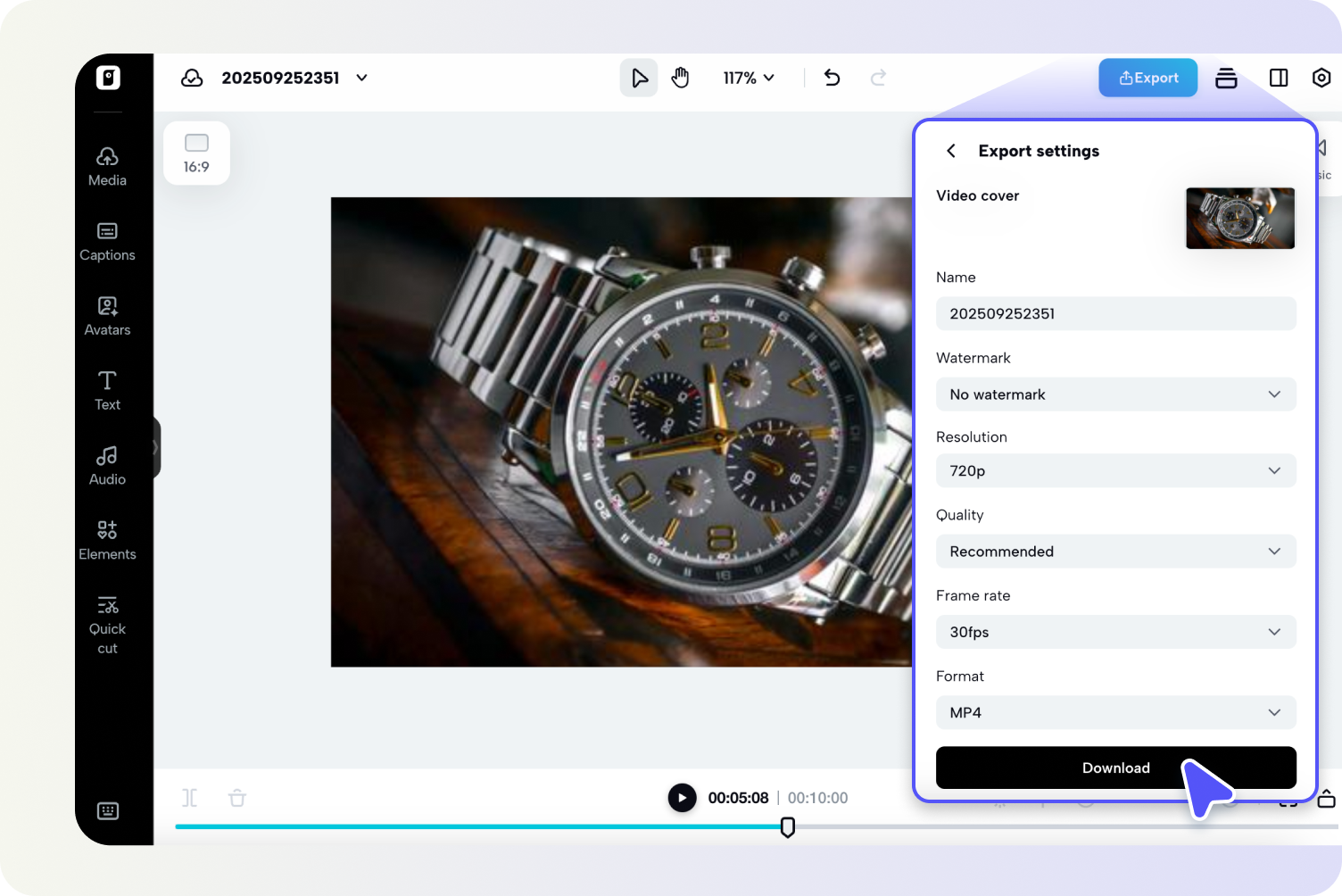 Exporting video from Pippit