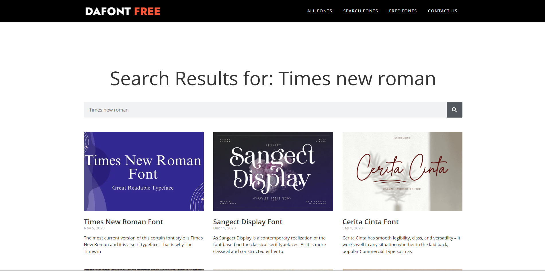 Giao diện của DafontFree - một nơi khác để tải xuống miễn phí phông chữ Times New Roman