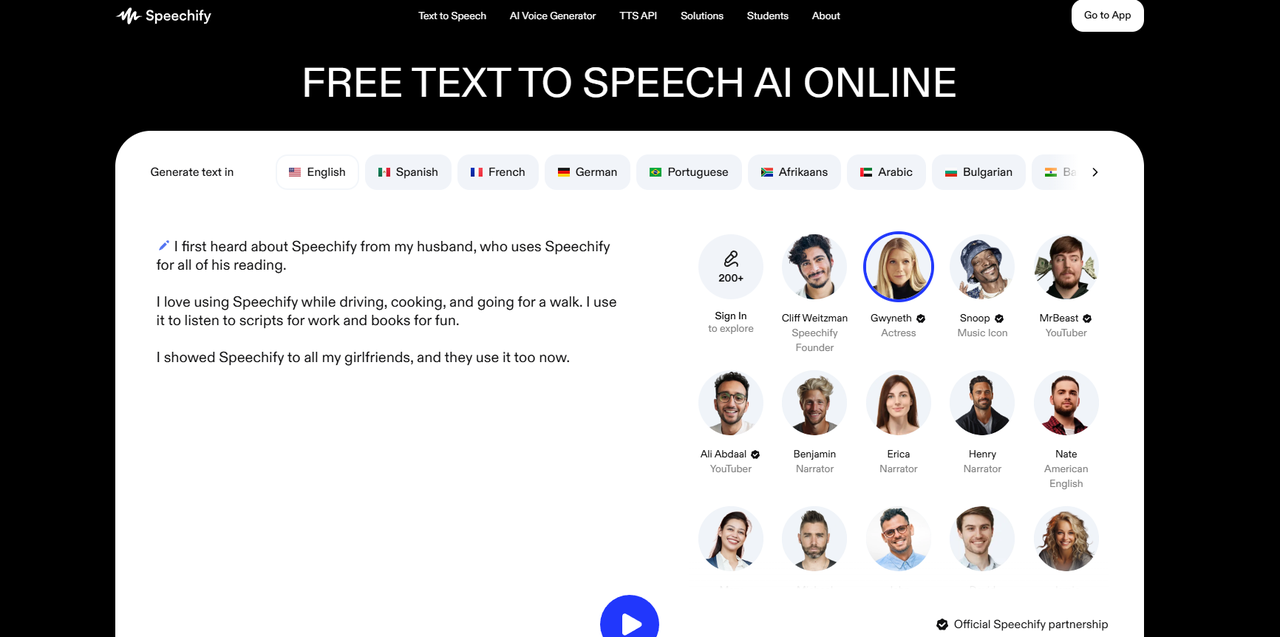 Speechify text to speech interface