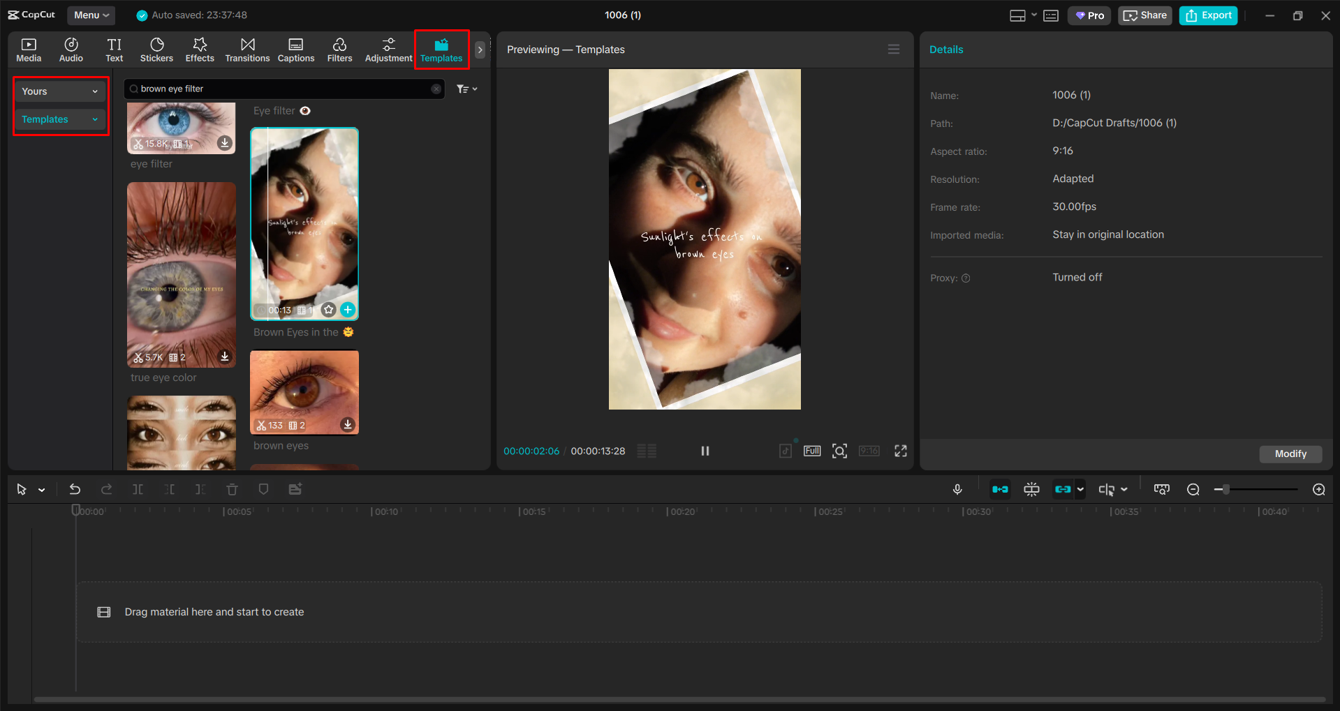 Accessing the brown eyes filter template in the CapCut desktop video editor