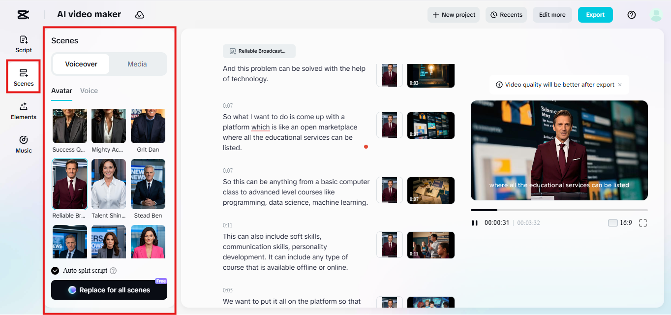 Select avatar and voiceover