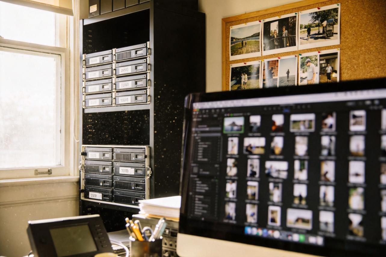 Workspace with media storage drives, a photo corkboard, and a computer showing a file grid