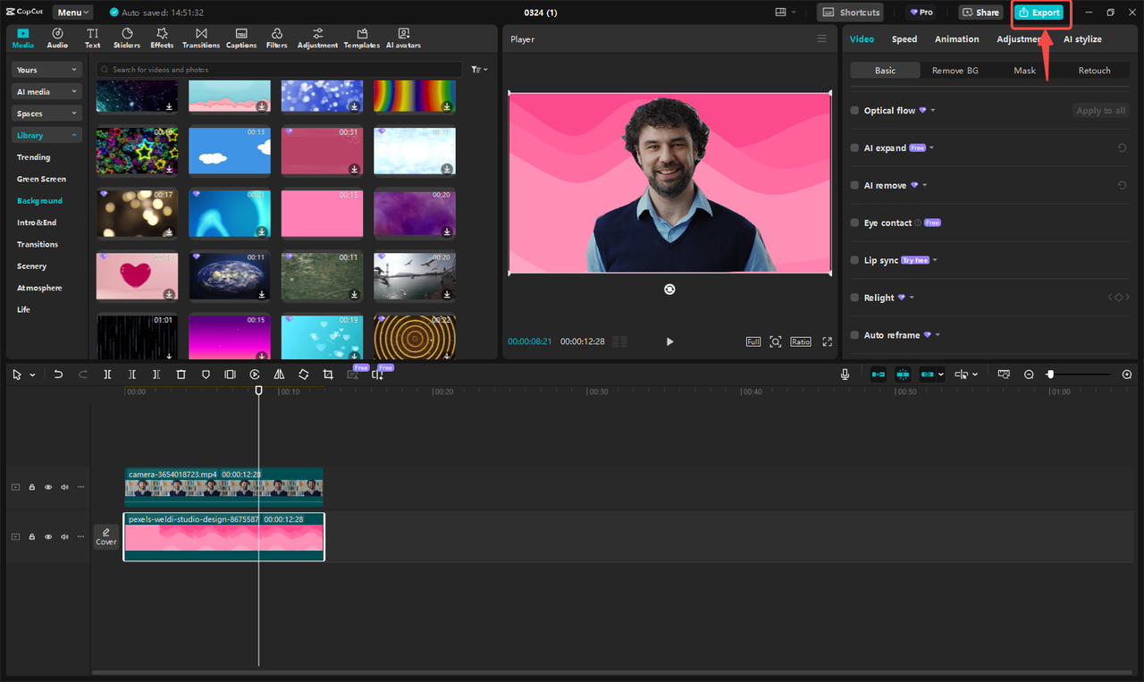 Exporte o vídeo de gravação com um plano de fundo virtual