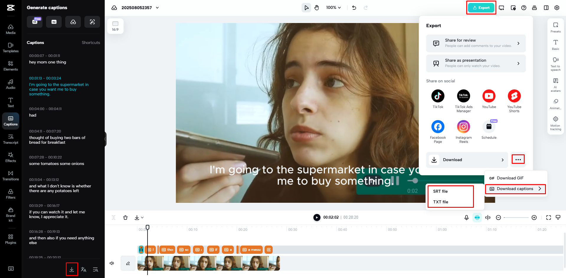 Baixando legendas em inglês do CapCut Web